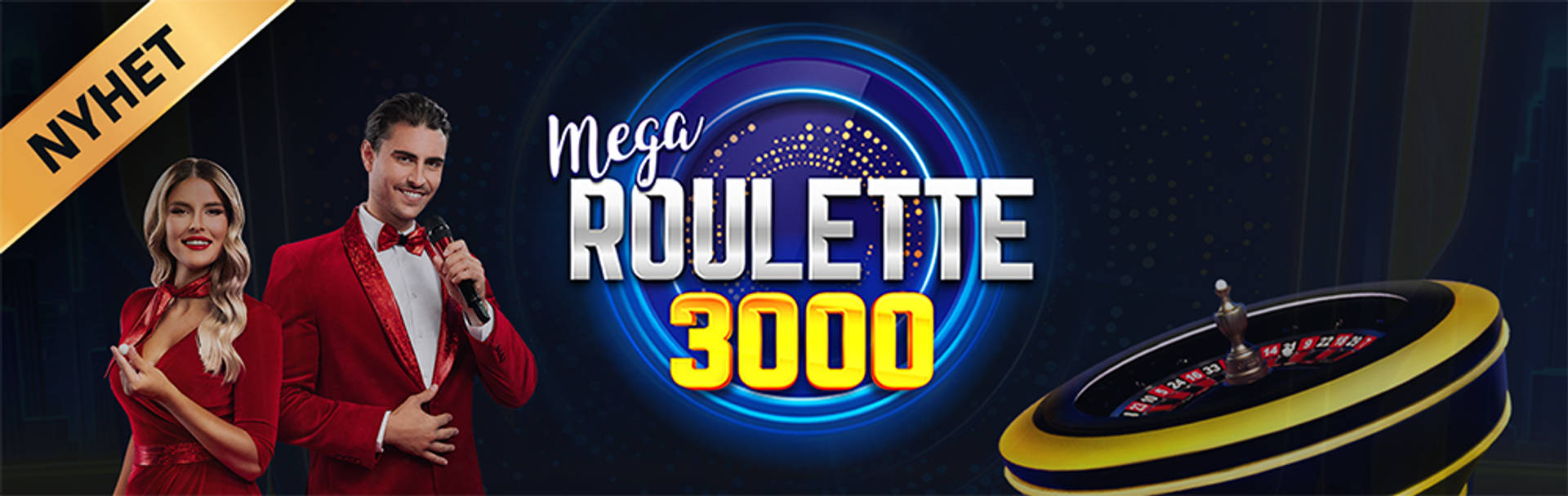 NYHET: Bild av Mega Roulette 3000 med två presentatörer och ett roulettehjul.
